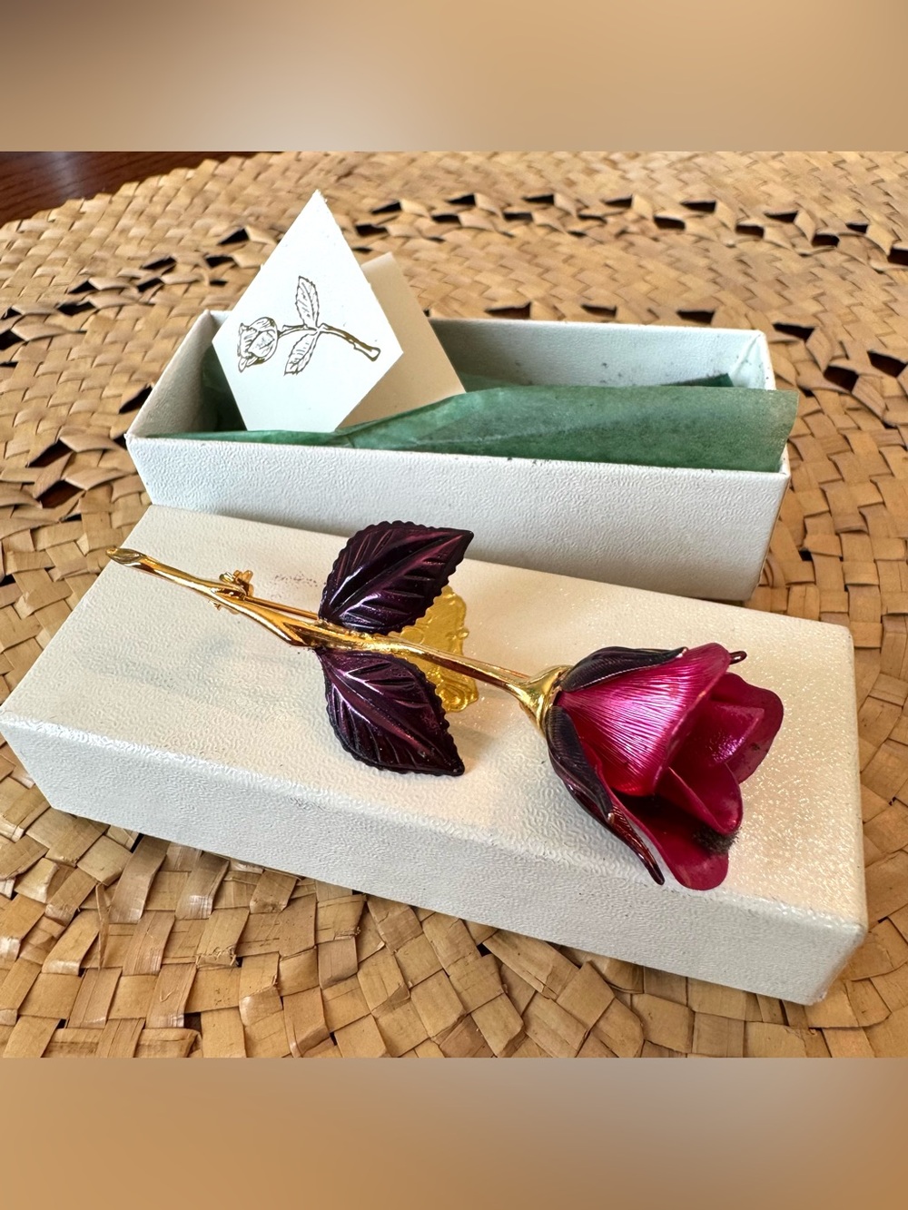 Vintage Giovanni Signed Rose Bud Pin Brooch Original Box Purple Hot Pink Gold